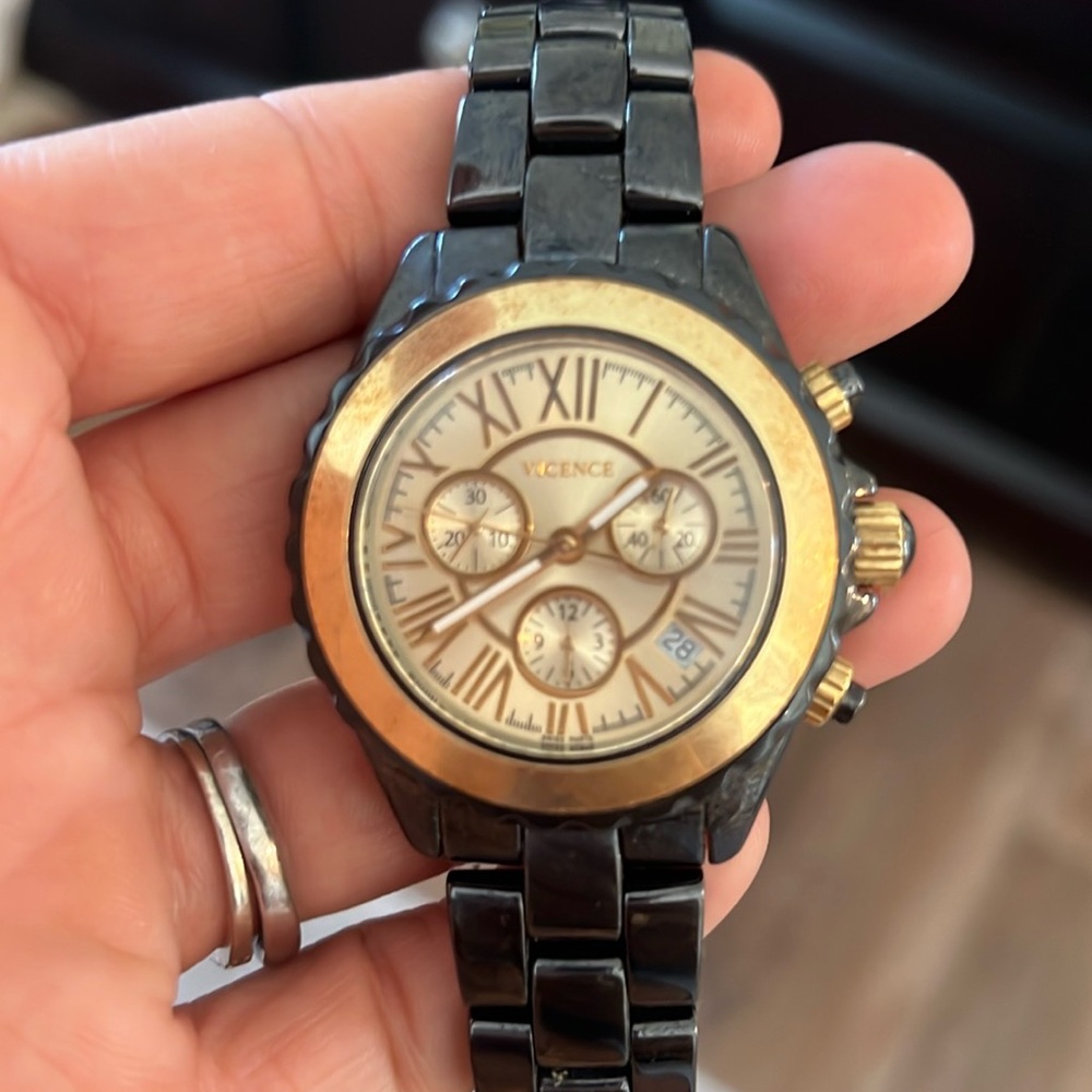 14K Gold Vicence Watch.  Black